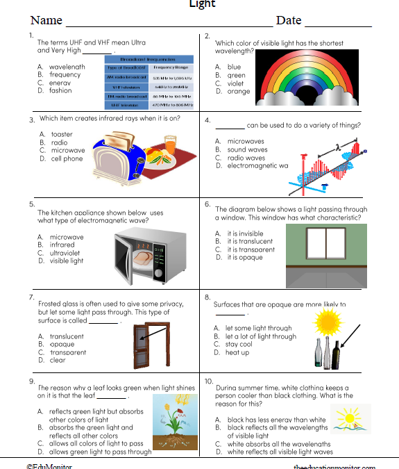 Grade 8 Light Science Worksheet