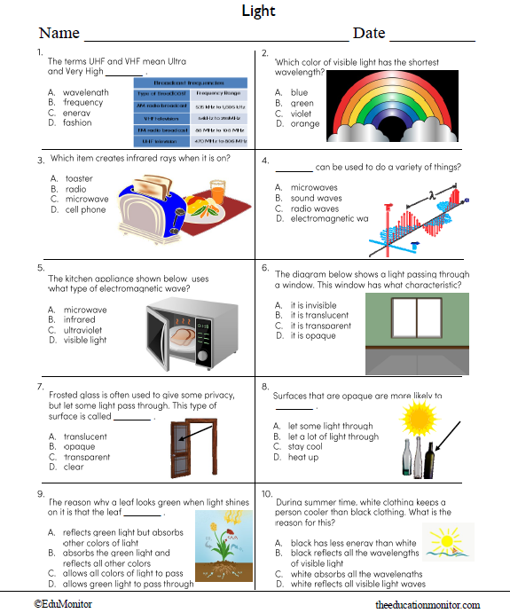 Grade 8 Light Science Worksheet