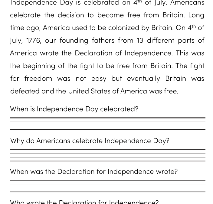 Independence Day Reading Comprehension Worksheets