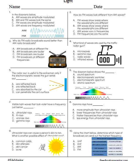 Light Science Worksheet for Grade 8