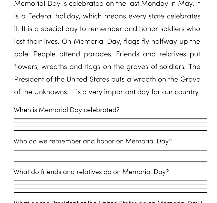 Memorial Day Reading Comprehension Printables