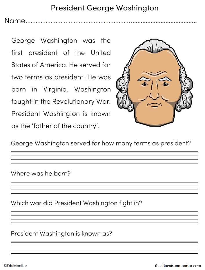 President George Washington Reading Comprehension Worksheet_EduMonitor Presidents Day George Washington Reading and Writing Worksheets
