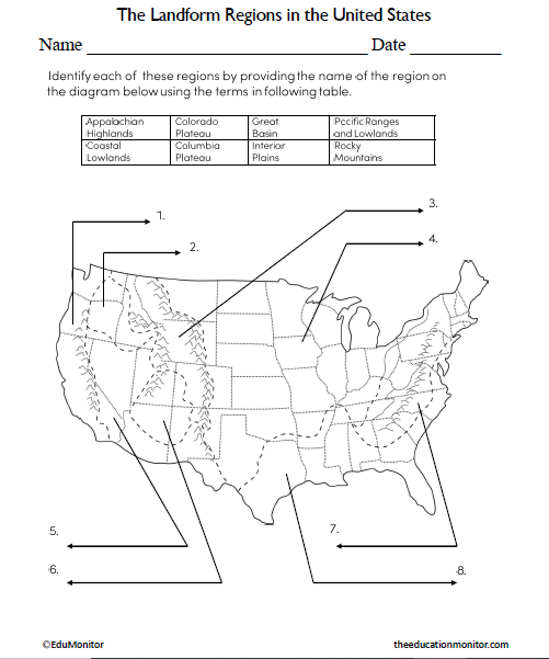 The Landform Regions in the United States Science Worksheet for Grade 8 ...