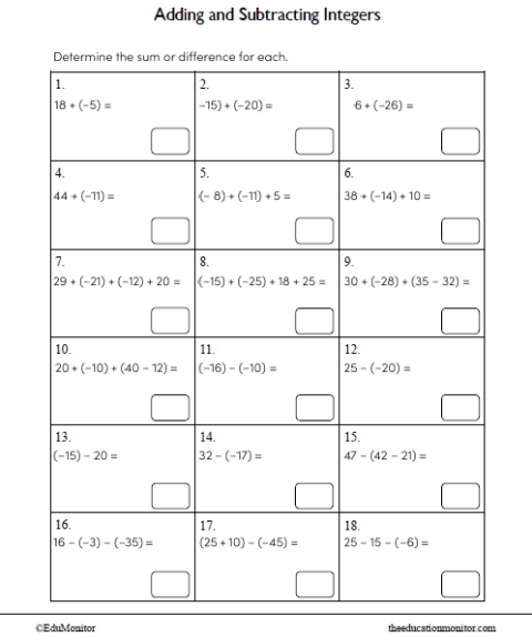 Adding and Subtracting Integers Math Worksheet for Grade 8 - EduMonitor ...