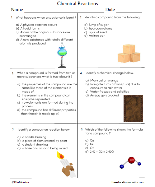 Chemical Reactions Science Worksheet for Grade 6