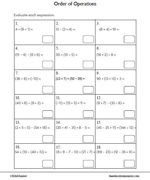 Order of Operations Math Worksheet for 8th Grade - EduMonitor | Science ...