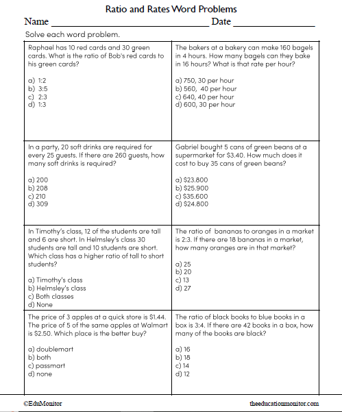 Ratio and Rates Word Problems Math Worksheet for Grade 8_EduMonitor Ratio and Rates Word Problems Math Worksheet for Grade 8