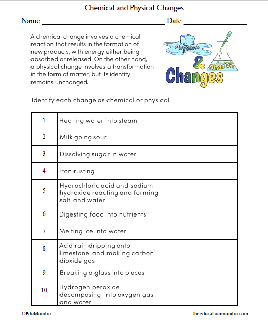 Chemical and Physical Changes Science Worksheet for Grade 6