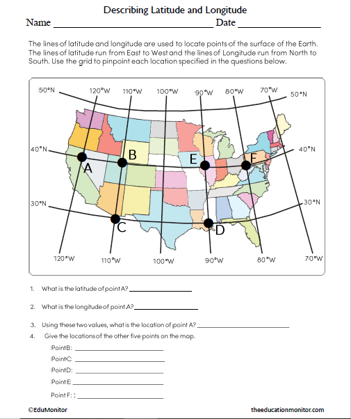 Describing Latitude and Longitude Science Worksheet for Grade 8