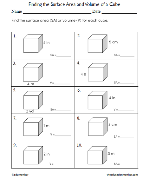 Finding the Surface Area and Volume of a Cube Math Worksheet for Grade ...