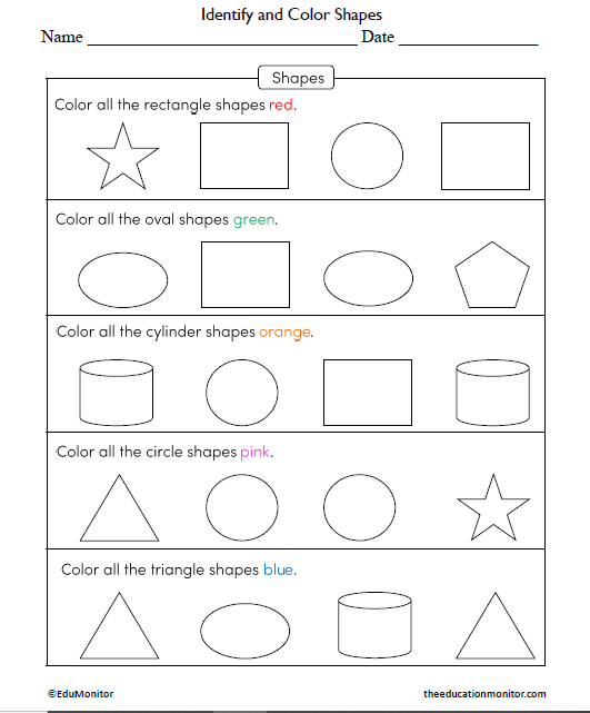 Identify and Color Shapes Science Worksheet for Grade 1