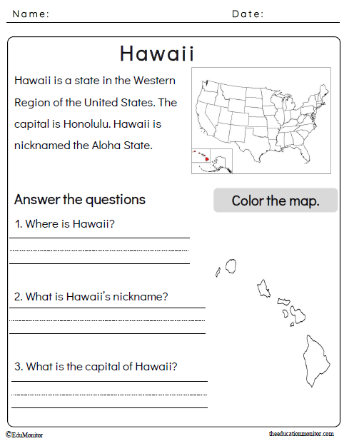 Hawaii State Worksheet - EduMonitor | Science, Math, Language Arts