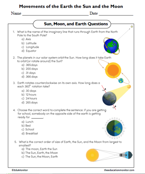 Movements of the Earth the Sun and the Moon Science Worksheet ...