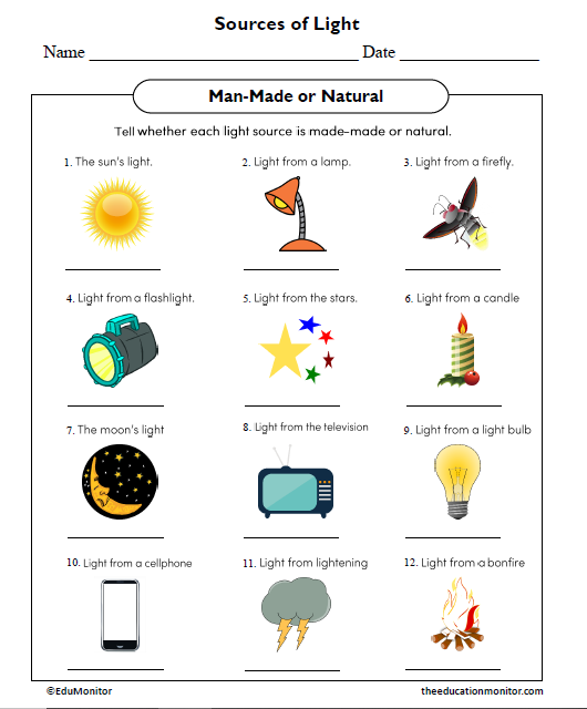 Sources of Light Science Worksheet