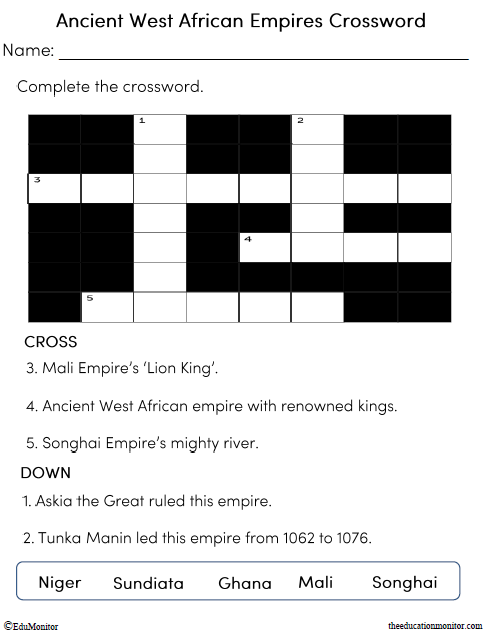 Ancient West African Empires Crossword Puzzle Worksheets_EduMonitor Ancient West African Empires Crossword Puzzle Worksheets