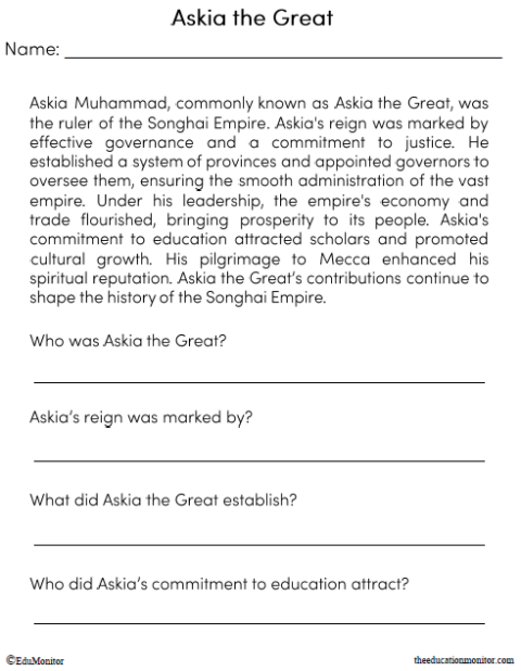 Askia the Great Social Studies Worksheets - EduMonitor | Science, Math ...