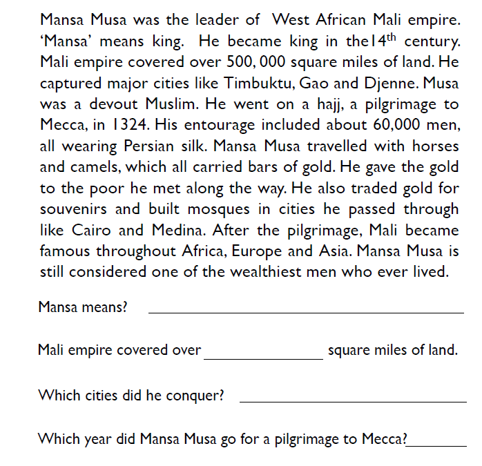 Mansa Musa Reading Comprehension Worksheet