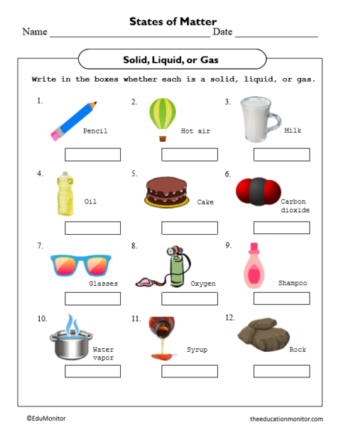 States of Matter Worksheet for Grade 5 - EduMonitor | Science, Math ...