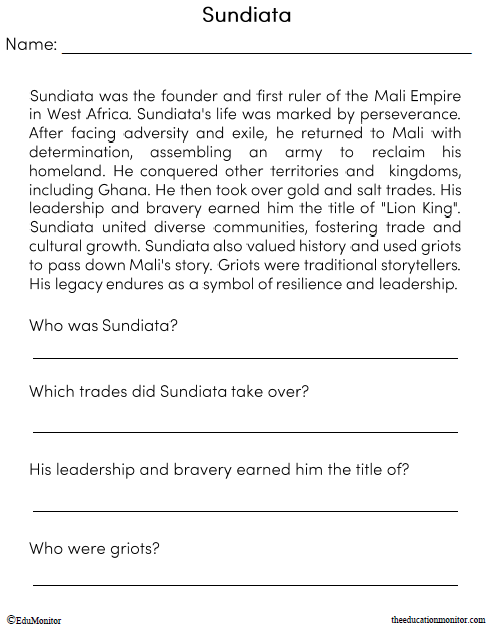 Sundiata the Lion King Reading Comprehension Worksheet_EduMonitor Sundiata Reading Comprehension Worksheets