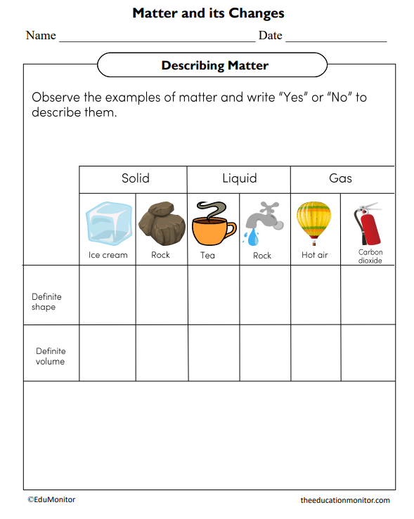 Describing Matter Science Worksheet for Grade 4 - EduMonitor