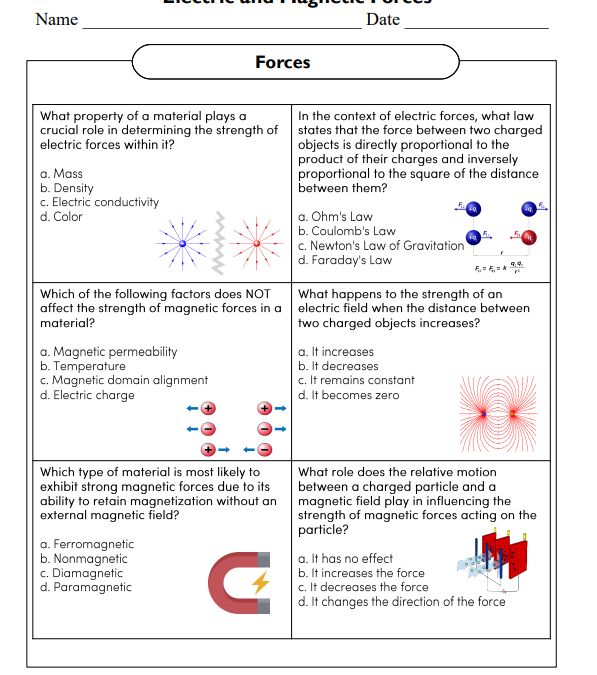 Electric and Magnetic Forces Science Worksheet for Grade 8