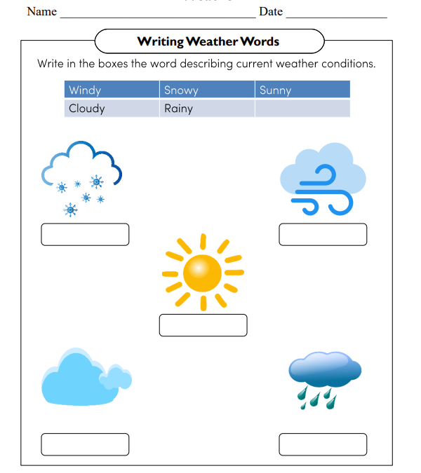Writing Weather Words Worksheet for Kindergarten