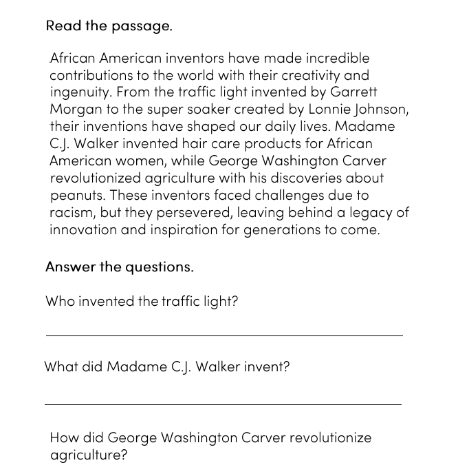 African American Inventors Reading Comprehension Printable