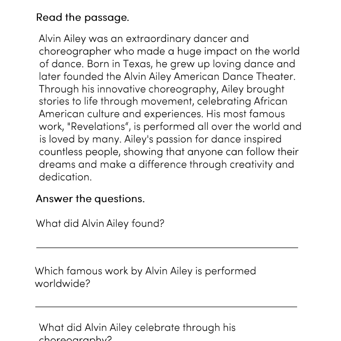 5th Grade Alvin Ailey Reading Comprehension Worksheet