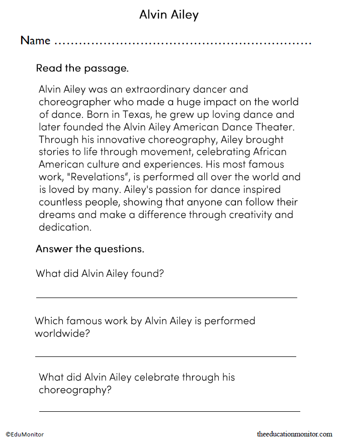 Alvin Ailey Reading Comprehension Worksheet_EduMonitor 5th Grade Alvin Ailey Reading Comprehension Worksheet