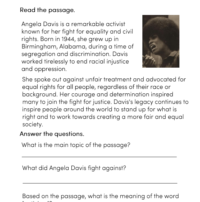 Angela Davis Reading Comprehension Worksheet for 4th Grade