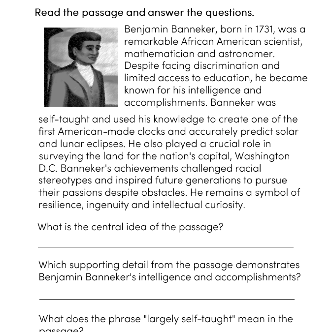 Benjamin Banneker Comprehension Worksheet for Grade 7