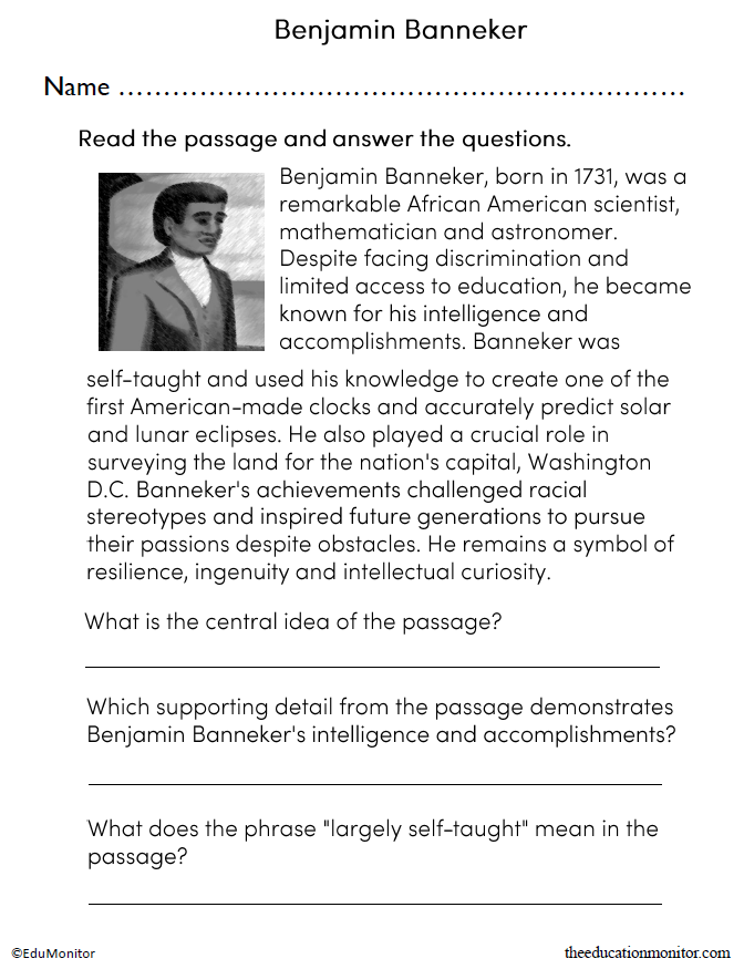 Benjamin Banneker Comprehension Worksheet for Grade 7 - EduMonitor ...