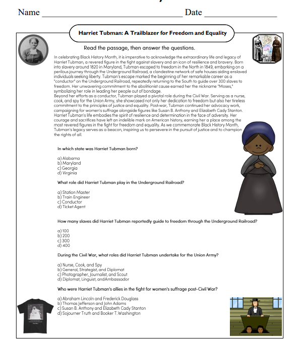 Harriet Tubman Comprehension Reading Worksheet