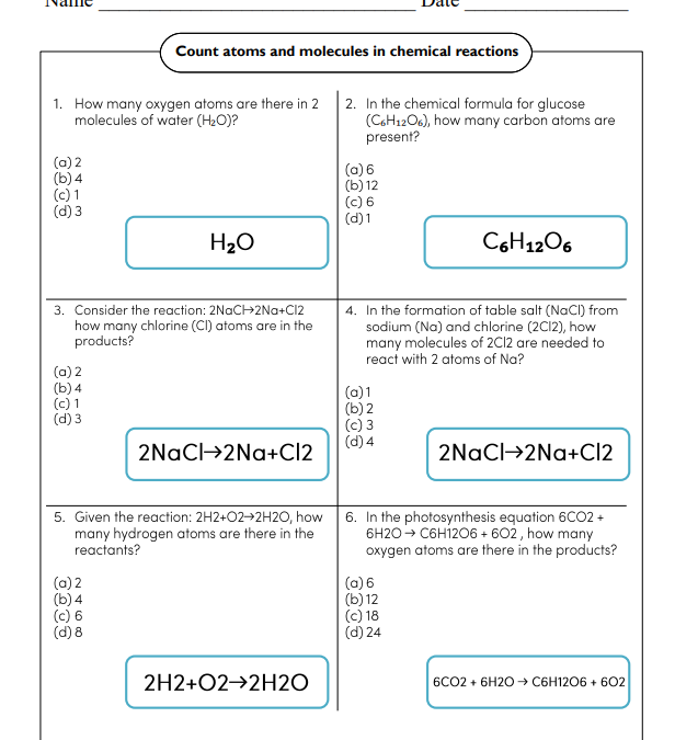 Count Atoms and Molecules in Chemical Reactions Worksheet