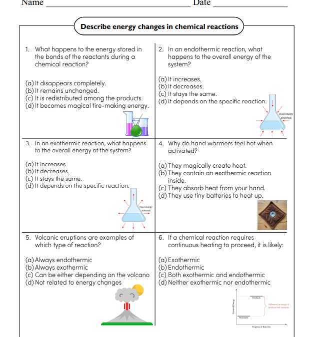 Chemical Reactions Science Worksheet