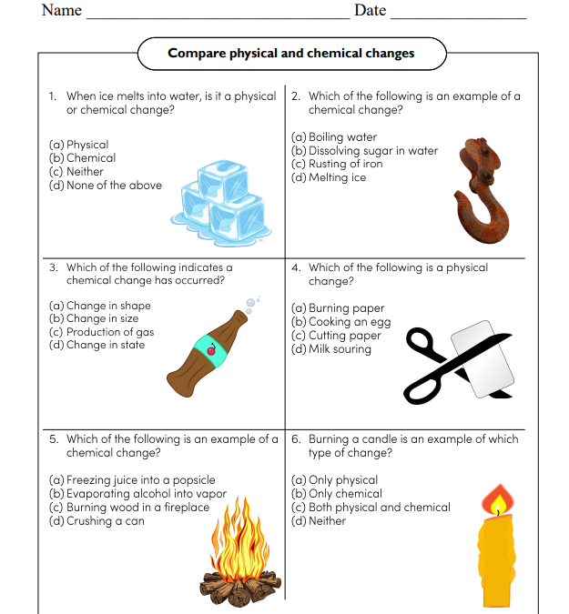 Physical and Chemical Changes Science Worksheet