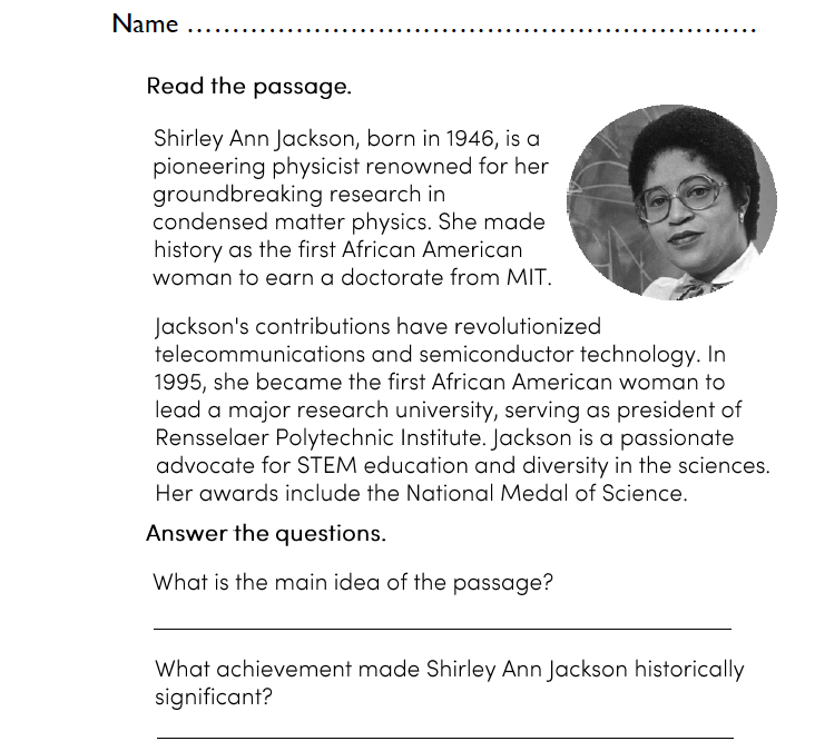 Shirley Ann Jackson Reading Comprehension 4th Grade Worksheet