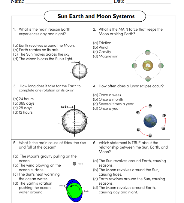 Sun Earth and Moon Systems Worksheet