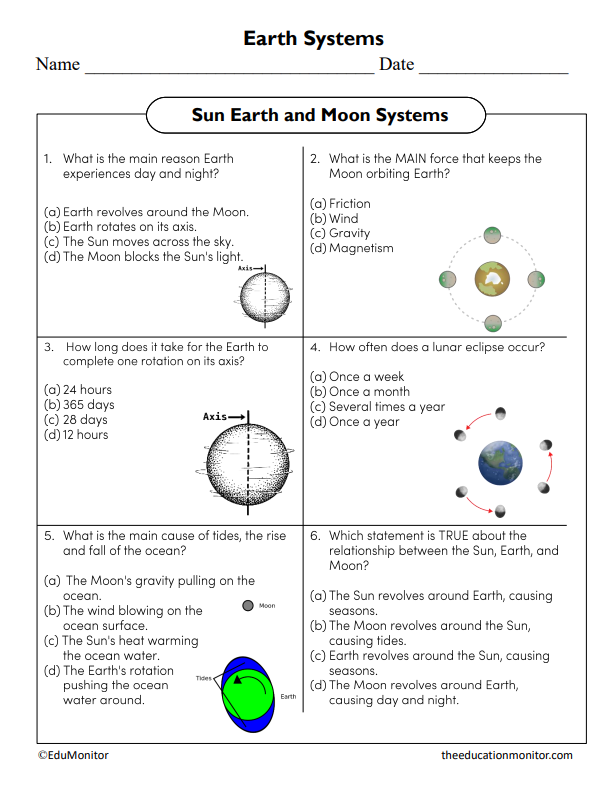 Sun Earth and Moon Systems Worksheet