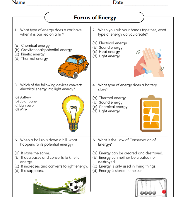 Forms of Energy Science Worksheet