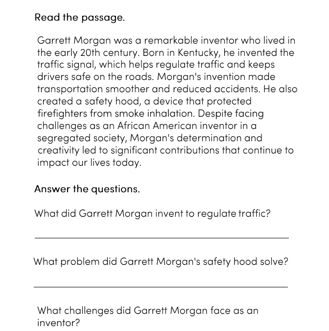 Garrett Morgan Reading Comprehension 5th Grade Worksheet