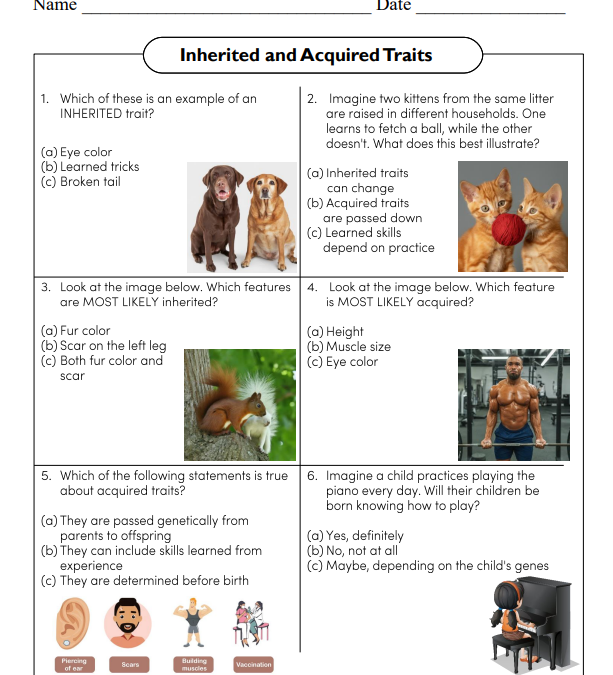 Inherited and Acquired Traits Science Worksheet