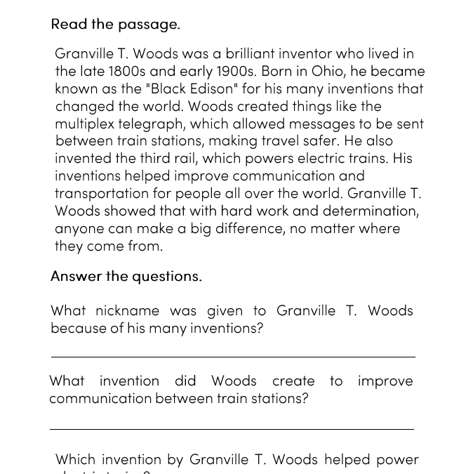 Granville T. Woods Reading Comprehension Worksheet | 5th Grade Worksheets