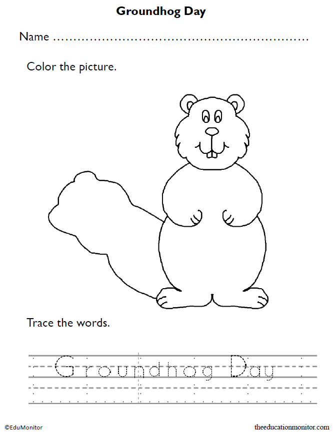 Groundhog Day Coloring and Tracing Worksheet