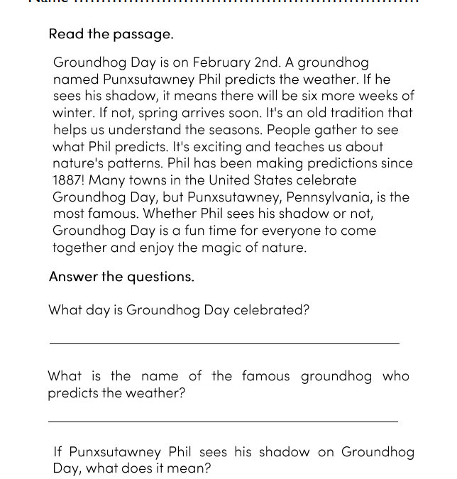 Groundhog Day Reading Comprehension Worksheets for 4th Grade