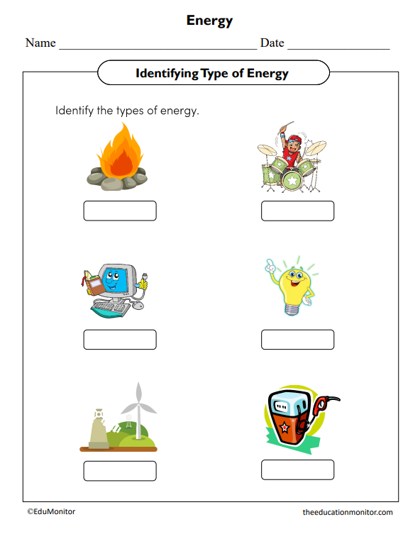 Identfying the Type of Energy Science Worksheet for Grade 5_EduMonitor Identifying Type of Energy Science Worksheet