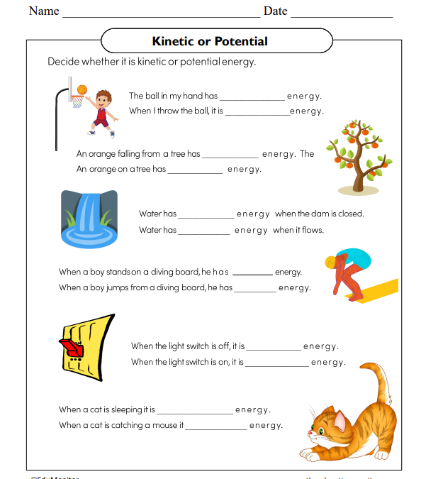 Kinetic or Potential Science Worksheet for Grade 5