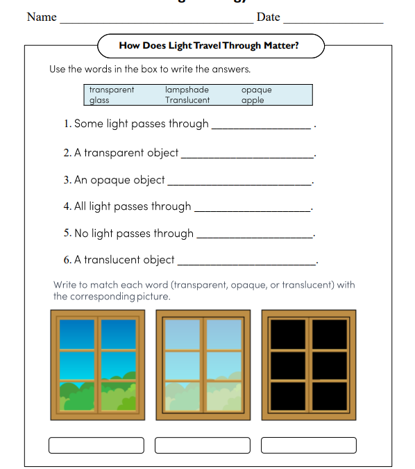 Light Energy Worksheet Science Worksheet