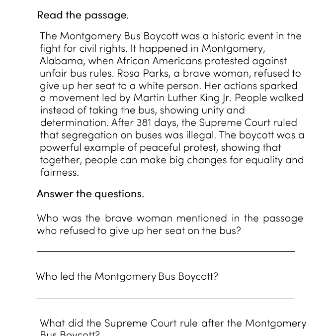 Montgomery Bus Boycott Comprehension Worksheet for 3rd Grade