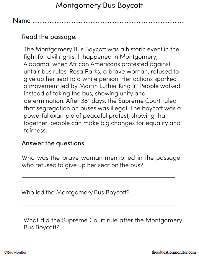 Montgomery Bus Boycott Reading Comprehension Worksheet_EduMonitor Montgomery Bus Boycott Comprehension Worksheet for 3rd Grade